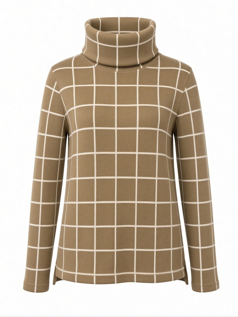 Women's J. Crew Windowpane Fleece-Lined Funnelneck Sweater Small Camel Tan